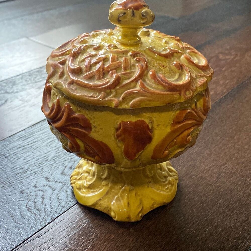 Vintage yellow and orange ornate ceramic bowl with lid made in Japan Artmark MCM